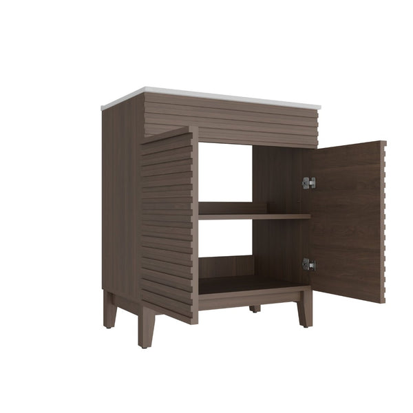 English Elm A 30 Inch Mid-Century Bathroom Vanity with Slatted Doors Tapered Legs and Ceramic Basin W5107S00005