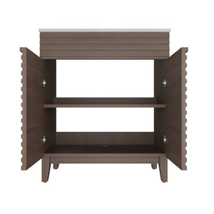 English Elm A 30 Inch Mid-Century Bathroom Vanity with Slatted Doors Tapered Legs and Ceramic Basin W5107S00005