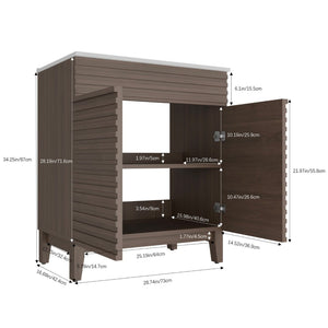 English Elm A 30 Inch Mid-Century Bathroom Vanity with Slatted Doors Tapered Legs and Ceramic Basin W5107S00005