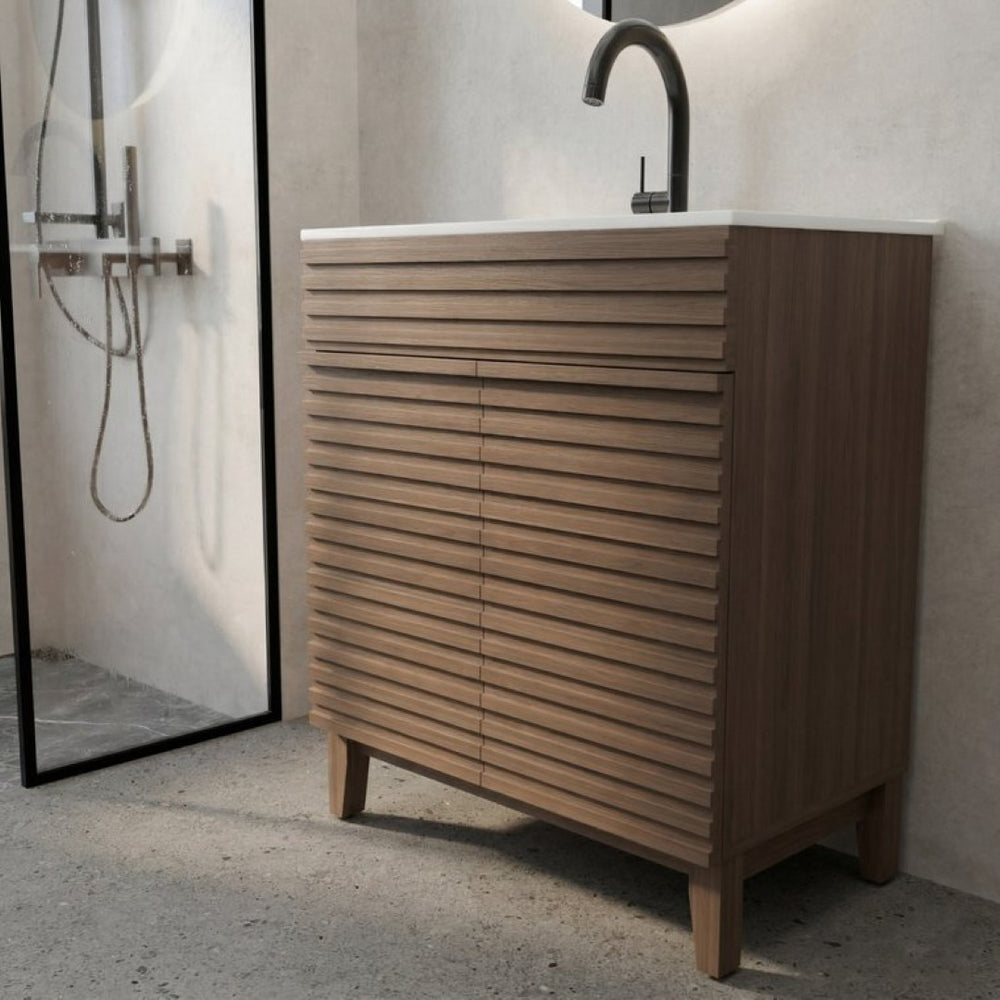 English Elm A 30 Inch Mid-Century Bathroom Vanity with Slatted Doors Tapered Legs and Ceramic Basin W5107S00005