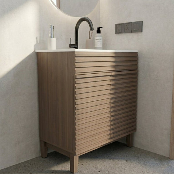 English Elm A 30 Inch Mid-Century Bathroom Vanity with Slatted Doors Tapered Legs and Ceramic Basin W5107S00005