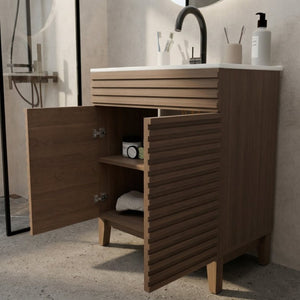 English Elm A 30 Inch Mid-Century Bathroom Vanity with Slatted Doors Tapered Legs and Ceramic Basin W5107S00005