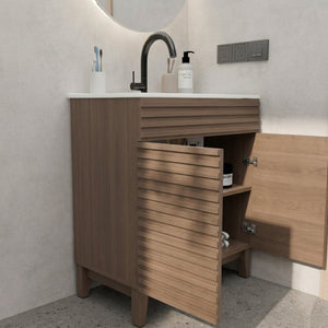 English Elm A 30 Inch Mid-Century Bathroom Vanity with Slatted Doors Tapered Legs and Ceramic Basin W5107S00005