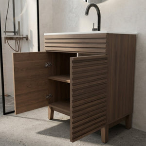 English Elm A 30 Inch Mid-Century Bathroom Vanity with Slatted Doors Tapered Legs and Ceramic Basin W5107S00005