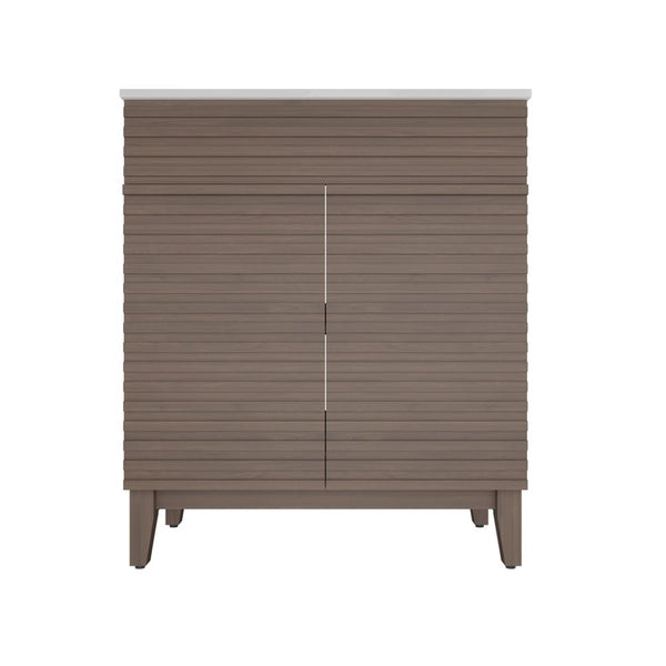English Elm A 30 Inch Mid-Century Bathroom Vanity with Slatted Doors Tapered Legs and Ceramic Basin W5107S00005