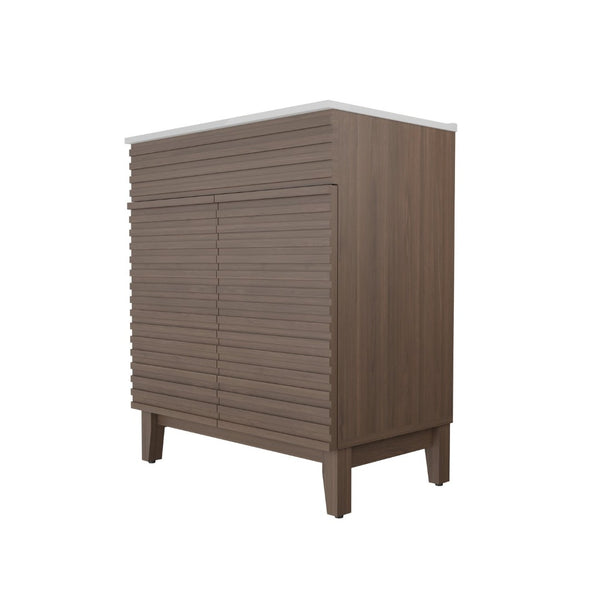 English Elm A 30 Inch Mid-Century Bathroom Vanity with Slatted Doors Tapered Legs and Ceramic Basin W5107S00005
