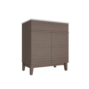 English Elm A 30 Inch Mid-Century Bathroom Vanity with Slatted Doors Tapered Legs and Ceramic Basin W5107S00005