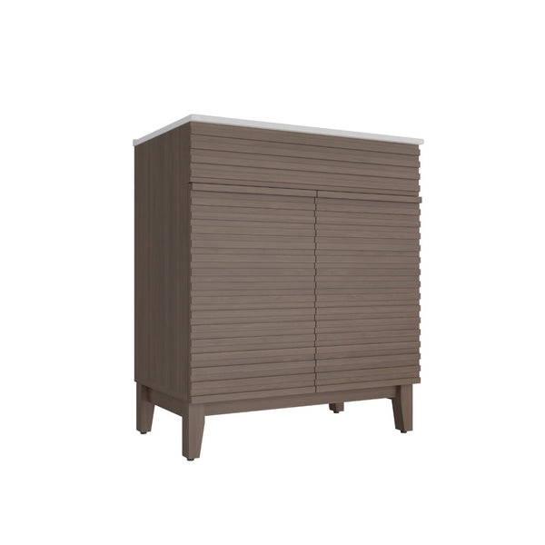English Elm A 30 Inch Mid-Century Bathroom Vanity with Slatted Doors Tapered Legs and Ceramic Basin W5107S00005