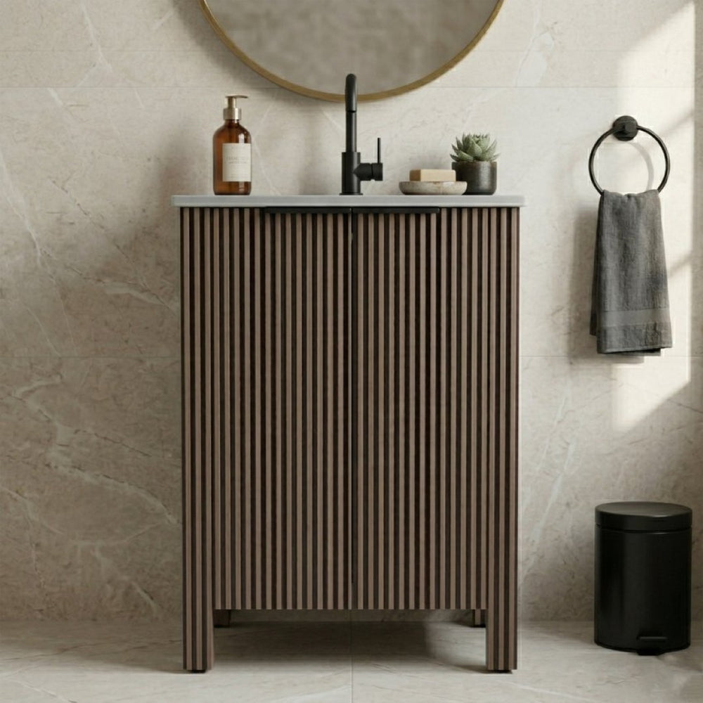 English Elm A Brown Melamine Plywood Vanity with Ceramic Basin for Small Bathrooms and Powder Rooms W5107S00006
