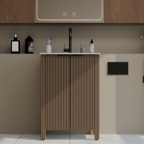 English Elm A Brown Melamine Plywood Vanity with Ceramic Basin for Small Bathrooms and Powder Rooms W5107S00006