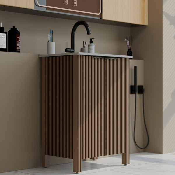 English Elm A Brown Melamine Plywood Vanity with Ceramic Basin for Small Bathrooms and Powder Rooms W5107S00006