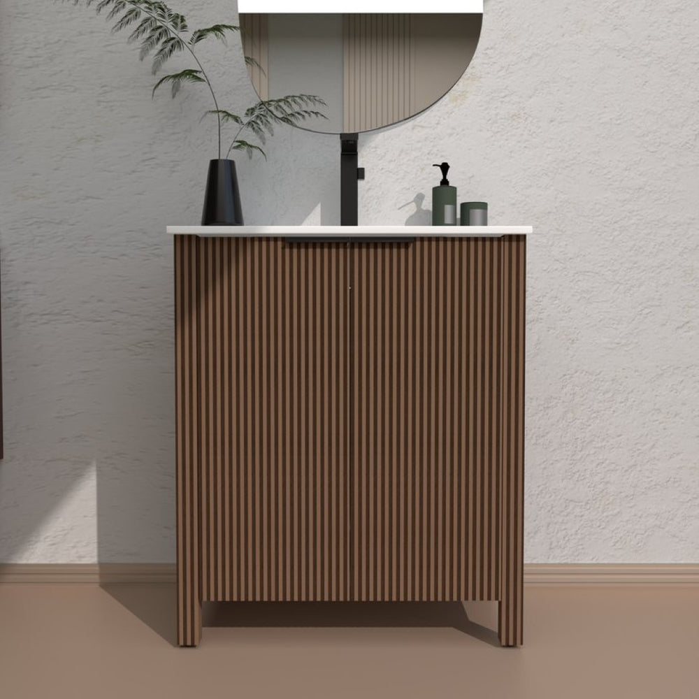 English Elm A 30 Inch Floor Standing Bathroom Vanity with Resin Basin and Warm Brown Melamine Finish W5107S00007