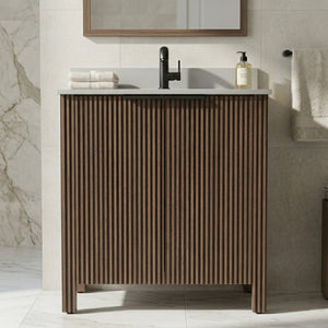 English Elm A 30 Inch Floor Standing Bathroom Vanity with Resin Basin and Warm Brown Melamine Finish W5107S00007