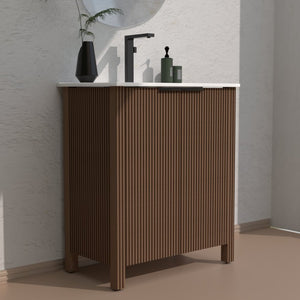 English Elm A 30 Inch Floor Standing Bathroom Vanity with Resin Basin and Warm Brown Melamine Finish W5107S00007