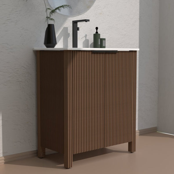 English Elm A 30 Inch Floor Standing Bathroom Vanity with Resin Basin and Warm Brown Melamine Finish W5107S00007