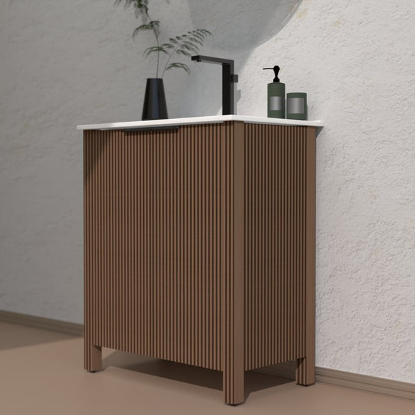 English Elm A 30 Inch Floor Standing Bathroom Vanity with Resin Basin and Warm Brown Melamine Finish W5107S00007