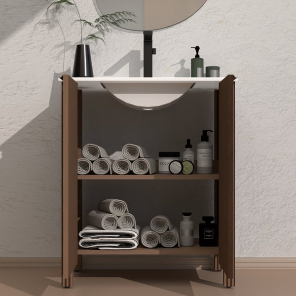 English Elm A 30 Inch Floor Standing Bathroom Vanity with Resin Basin and Warm Brown Melamine Finish W5107S00007