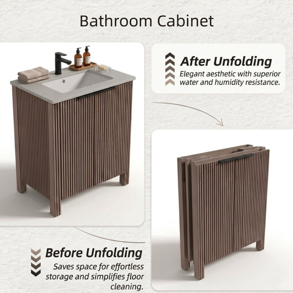 English Elm A 30 Inch Floor Standing Bathroom Vanity with Resin Basin and Warm Brown Melamine Finish W5107S00007