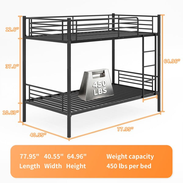 English Elm Twin Over Bunk Bed Powder Coated Metal Frame for Kids Shared Rooms Space Saving W5109P506413