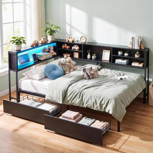 English Elm Bed Frame Twin Metal Platform with Bookcase LED Lighting and Under Storage Drawers W5109P517916