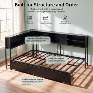 English Elm Bed Frame Twin Metal Platform with Bookcase LED Lighting and Under Storage Drawers W5109P517916