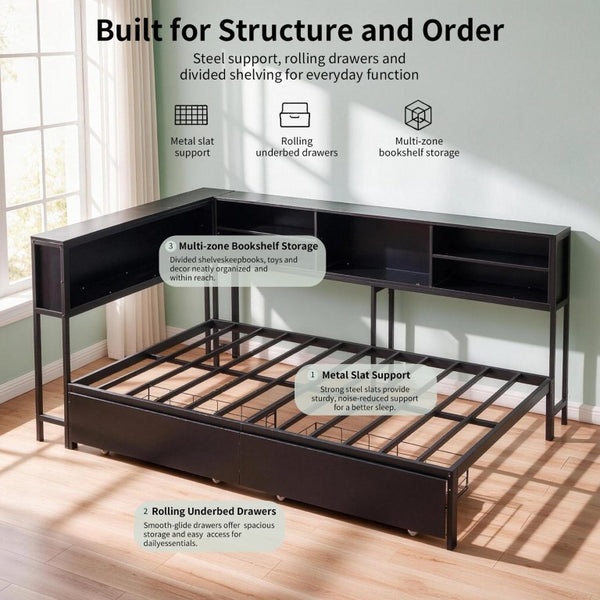 English Elm Bed Frame Twin Metal Platform with Bookcase LED Lighting and Under Storage Drawers W5109P517916