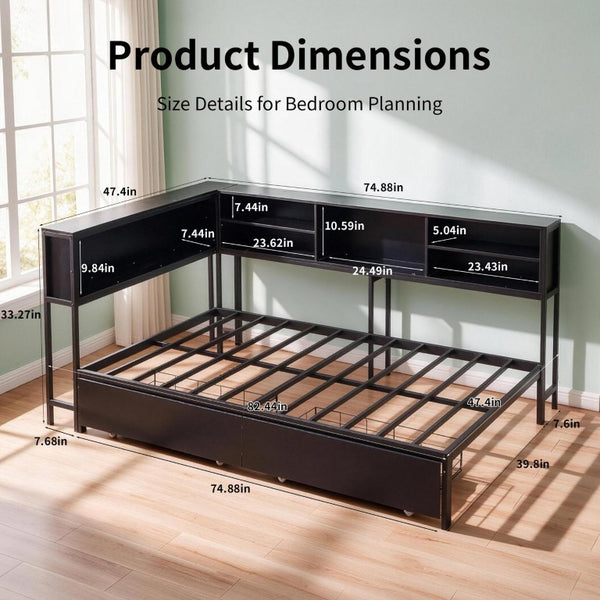 English Elm Bed Frame Twin Metal Platform with Bookcase LED Lighting and Under Storage Drawers W5109P517916
