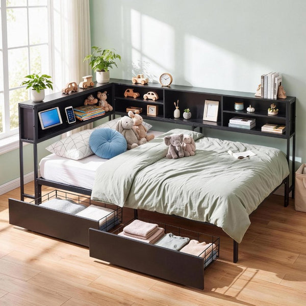 English Elm Bed Frame Twin Metal Platform with Bookcase LED Lighting and Under Storage Drawers W5109P517916