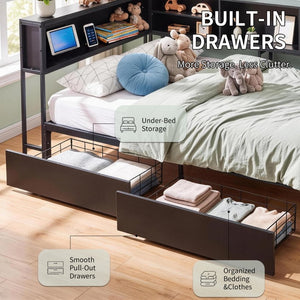 English Elm Bed Frame Twin Metal Platform with Bookcase LED Lighting and Under Storage Drawers W5109P517916