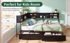 English Elm Bed Frame Twin Metal Platform with Bookcase LED Lighting and Under Storage Drawers W5109P517916