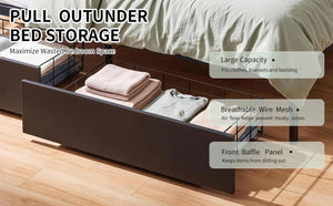 English Elm Bed Frame Twin Metal Platform with Bookcase LED Lighting and Under Storage Drawers W5109P517916
