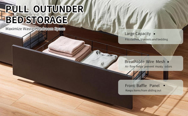 English Elm Bed Frame Twin Metal Platform with Bookcase LED Lighting and Under Storage Drawers W5109P517916