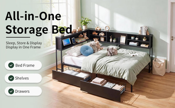 English Elm Bed Frame Twin Metal Platform with Bookcase LED Lighting and Under Storage Drawers W5109P517916