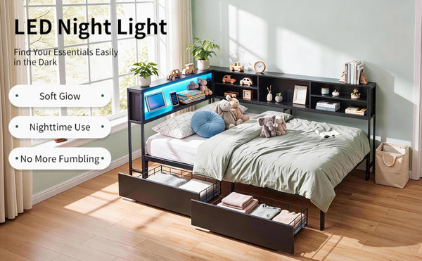 English Elm Bed Frame Twin Metal Platform with Bookcase LED Lighting and Under Storage Drawers W5109P517916