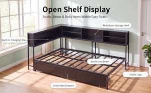 English Elm Bed Frame Twin Metal Platform with Bookcase LED Lighting and Under Storage Drawers W5109P517916