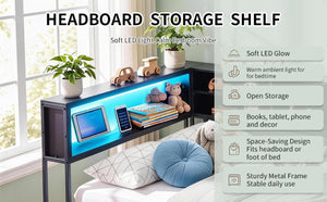 English Elm Bed Frame Twin Metal Platform with Bookcase LED Lighting and Under Storage Drawers W5109P517916