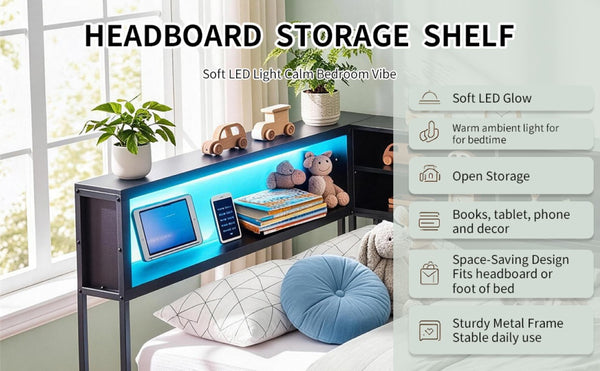 English Elm Bed Frame Twin Metal Platform with Bookcase LED Lighting and Under Storage Drawers W5109P517916