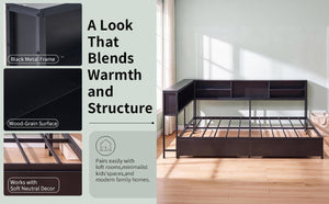 English Elm Bed Frame Twin Metal Platform with Bookcase LED Lighting and Under Storage Drawers W5109P517916