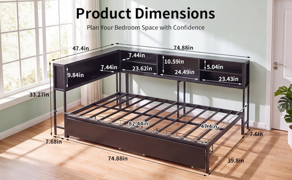 English Elm Bed Frame Twin Metal Platform with Bookcase LED Lighting and Under Storage Drawers W5109P517916