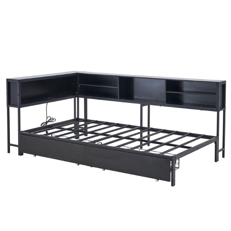 English Elm Bed Frame Twin Metal Platform with Bookcase LED Lighting and Under Storage Drawers W5109P517916