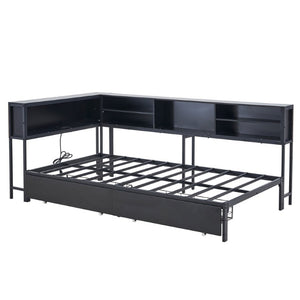 English Elm Bed Frame Twin Metal Platform with Bookcase LED Lighting and Under Storage Drawers W5109P517916