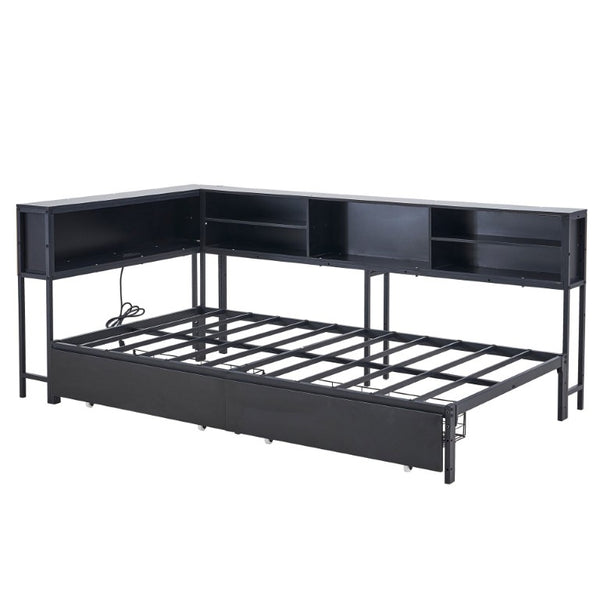 English Elm Bed Frame Twin Metal Platform with Bookcase LED Lighting and Under Storage Drawers W5109P517916