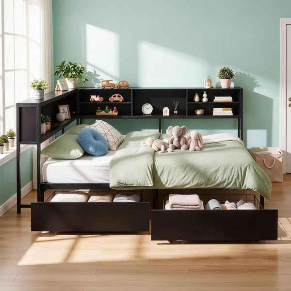 English Elm Bed Frame Twin Metal Platform with Bookcase LED Lighting and Under Storage Drawers W5109P517916