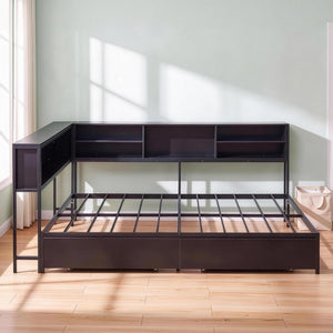 English Elm Bed Frame Twin Metal Platform with Bookcase LED Lighting and Under Storage Drawers W5109P517916