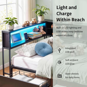 English Elm Bed Frame Twin Metal Platform with Bookcase LED Lighting and Under Storage Drawers W5109P517916