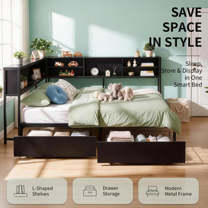 English Elm Bed Frame Twin Metal Platform with Bookcase LED Lighting and Under Storage Drawers W5109P517916