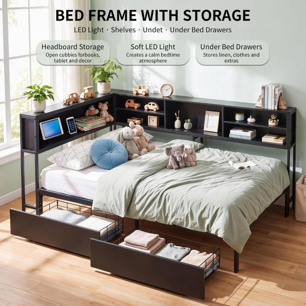 English Elm Bed Frame Twin Metal Platform with Bookcase LED Lighting and Under Storage Drawers W5109P517916