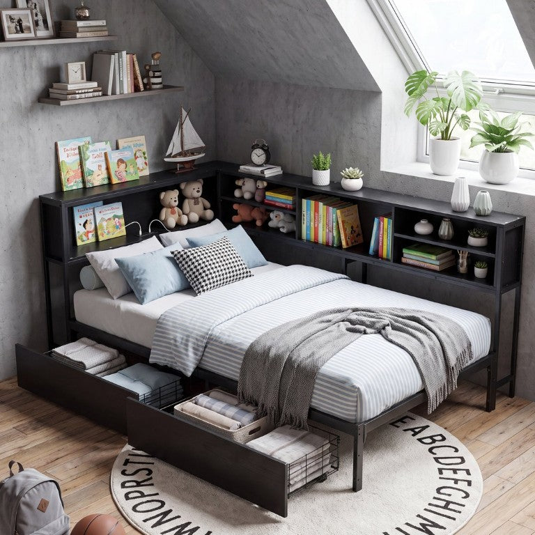 English Elm Black, Metal Full Daybed with Bookcase Headboard LED Strips Drawers Charging Station W5109P517918