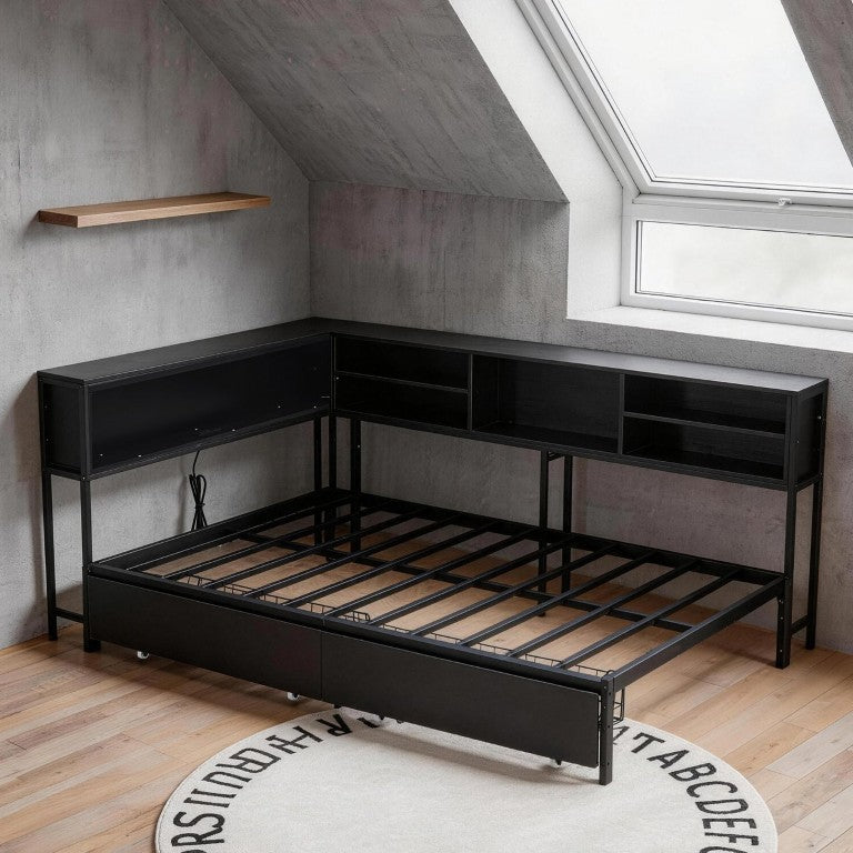 English Elm Black, Metal Full Daybed with Bookcase Headboard LED Strips Drawers Charging Station W5109P517918