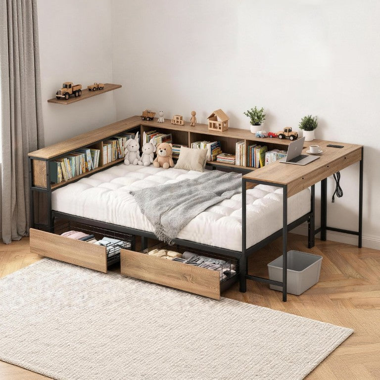 English Elm Corner Twin Bed with Bookcase Storage Drawers LED Lighting and Built-In Charging W5109P518279